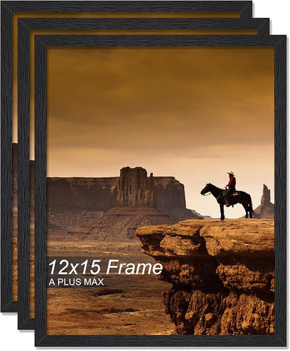 A PLUS MAX 12x15 Picture Frame Set of 3, Black Engineered Wood Frame for 12 x 15 Inch Picture Poster Photo, Light Weight 12 by 15 Frame with Wood-grain for Wall - 3 Pack/Black/12 x15
