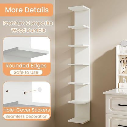 upsimples 7-Tier Floating Wall Shelf, White Wall Mounted Display and Storage Shelf, Decorative Shelves for Bedroom, Living Room, Bathroom, and Office