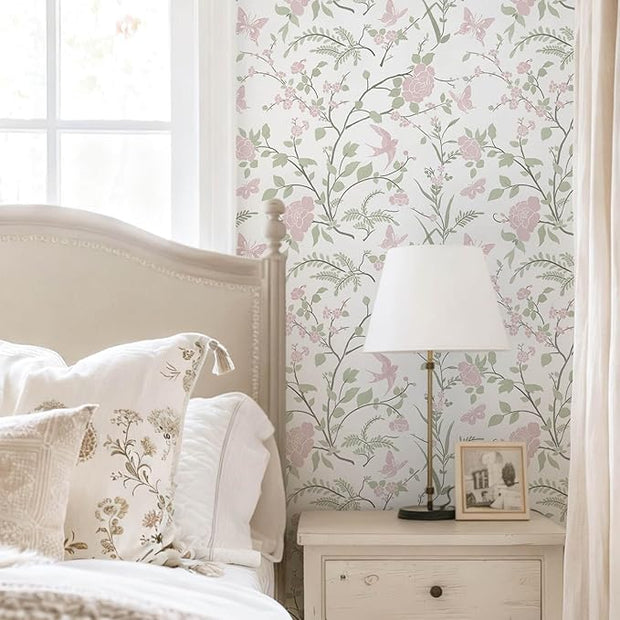 Floral Wallpaper Pink/Green Wallpaper Vintage Peel and Stick Wall Paper Boho Botanical Contact Paper for Cabinets Bird Butterfly Renter Friendly Self-Adhesive Bathroom Bedroom 393"×17.3"