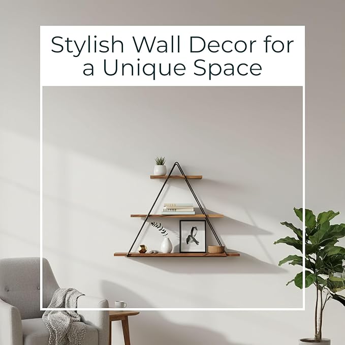 Triangle Decorative Wall Shelf – 3-Tier Metal & Wood Home Decor Floating Display Shelf – Modern Wall Shelves for Bathroom, Bedroom & Living Room – Brown & Black, 20"