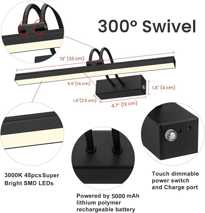 FUNCHDAY Picture Light Rechargeable, Wireless Picture Lights for Wall with Remote, 280LM Dimmable Timer Set Gallery Light, 13inch Metal Battery Operated Art Lighting for Paintings,Frame (Black)