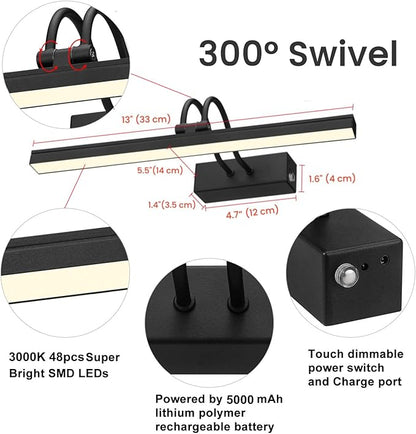 FUNCHDAY Picture Light Rechargeable, Wireless Picture Lights for Wall with Remote, 280LM Dimmable Timer Set Gallery Light, 13inch Metal Battery Operated Art Lighting for Paintings,Frame (Black)