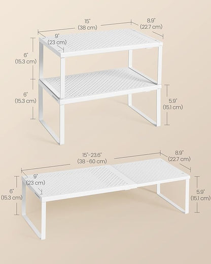 SONGMICS Spice Racks, Set of 4 Expandable Kitchen Countertop Shelves, Small Cupboard Organizers, Metal, Space-Saving Tabletop Shelves, Matte White UKCS404WC01