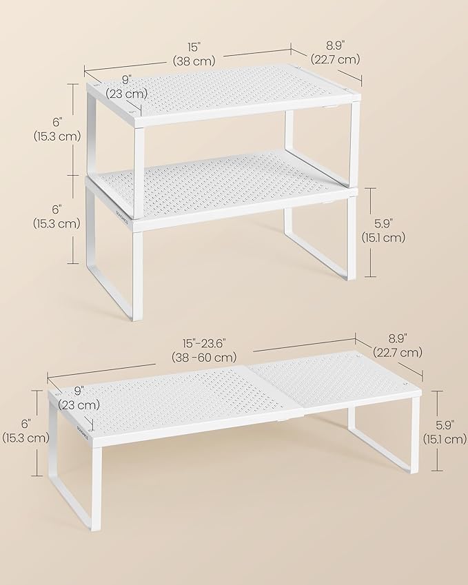 SONGMICS Spice Racks, Set of 3 Expandable Kitchen Countertop Shelves, Small Cupboard Organizers, Metal, Space-Saving Tabletop Shelves, Matte White UKCS403WC01