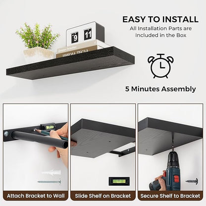 Dreamland 55 Inches Floating Shelves for Wall, 9.8" Deep Long Floating Shelves Set of 2, Large Display & Storage Shelf, Wall Shelf for Bathroom Bedroom Living Room Kitchen Office, Black