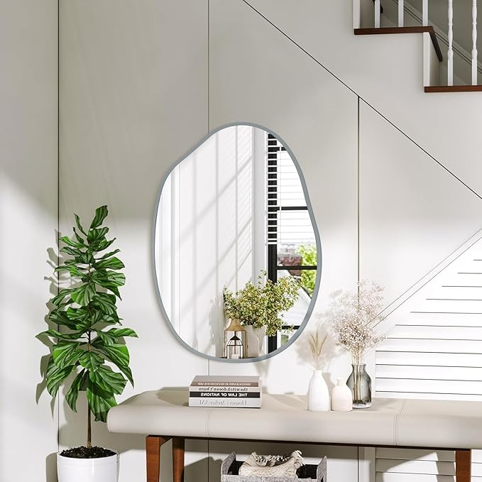 Asymmetrical Bathroom Mirror for Wall, Irregular Wall Mirror, Metal Framed Mirrors for Bathroom Bedroom Living Room Entryway, Decorative Modern Aluminum Alloy Wall Decor 18''x26'' Gray