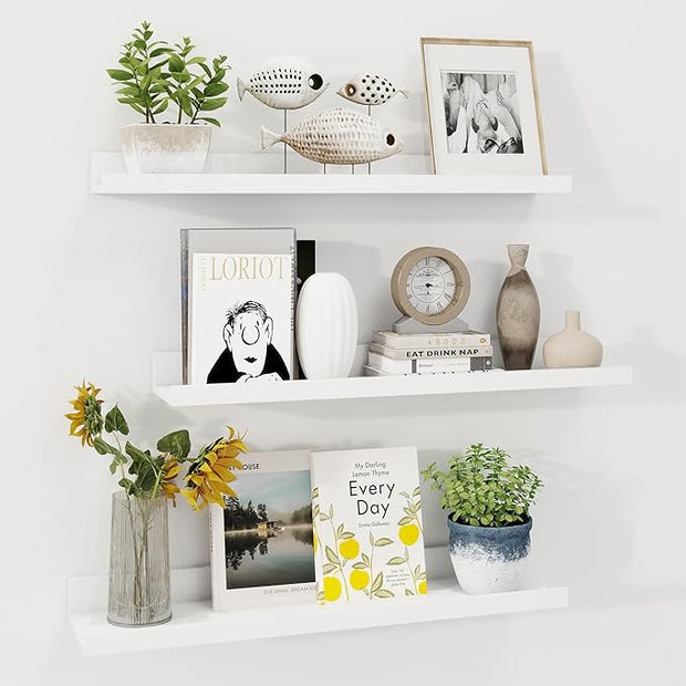 Axeman Picture Ledge Shelf | 24 Inch White Floating Shelves Set of 3 | Rustic Wood Wall Shelves with Lip | 24" White Picture Shelf for Wall with Ledge | Photo Shelves
