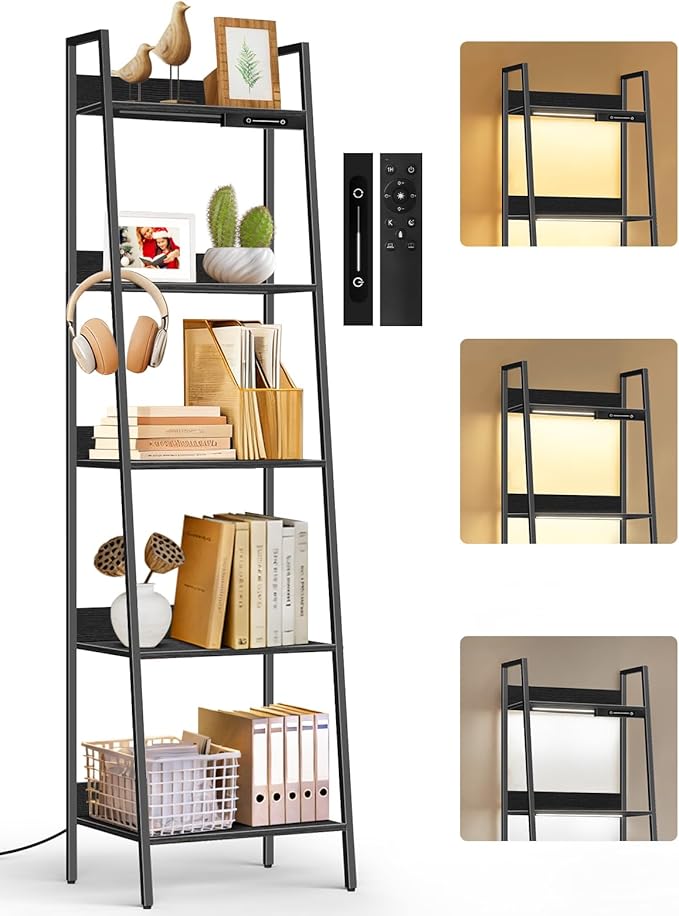 5-Tier Small Ladder Shelf with LED Lights, Touch & Remote Control, 3 Color Temperatures, Dimmable Tall Corner Standing Bookcase, Metal Wood Display Shelf for Living Room, Bedroom(Black)