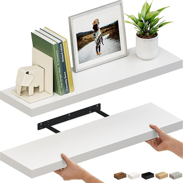 Ballucci Floating Shelves for Wall, 36" Wood Wall Shelf Set of 2, with Invisible Brackets for Bathroom, Living Room, Bedroom, Kitchen, Nursery, 8" Deep, White