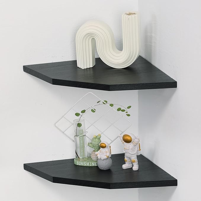 Corner Wall Shelves Set of 2, Rustic Wood Corner Floating Shelves with Cable Raceway, Wall Mount Storage Display for TV Accessories, Baby Monitor, Speaker, Cable Box (Black, Diamond- 12 Inch)