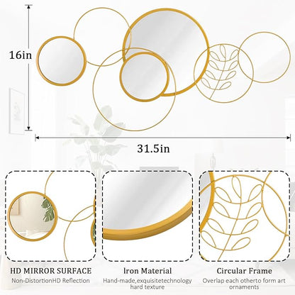 Gold Wall Mirror Set, Wall Mounted Round Metal Framed Mirror Circle Modern Decorative Mirrors for Living Room Bedroom Bathroom Entryway 16x32 Inch Home Decor
