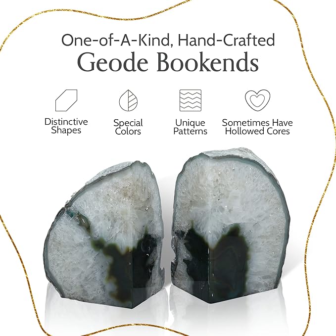 Nature's Decorations Agate Bookends - A Quality Green Geode with Non-Skid Rubber Bumpers for Shelves, Office, Home Decor, Heavy Duty Cute Stone (6-8 LB)