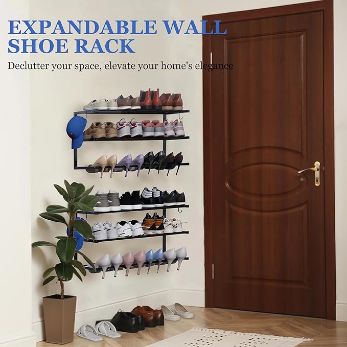 3 Pack Wall Mounted Shoe Rack, 3 Tier Hanging Shoe Rack Holds 36 Pairs, 17"-30"Adjustable Heavy Duty Metal Shoe Organizer Holder with 6 Storage Hooks, Space Saving for Closet Entryway Doorway（Black)