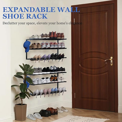 3 Pack Wall Mounted Shoe Rack, 3 Tier Hanging Shoe Rack Holds 36 Pairs, 17"-30"Adjustable Heavy Duty Metal Shoe Organizer Holder with 6 Storage Hooks, Space Saving for Closet Entryway Doorway（Black)