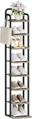 8 Tiers Vertical Shoe Rack, Narrow Shoe Tower, Tall Shoes Shelf with 2 Hooks, Adjustable Shelves, Corner Shoes Shelves for Small Spaces, Entryway, Living Room, Greige SR04305B