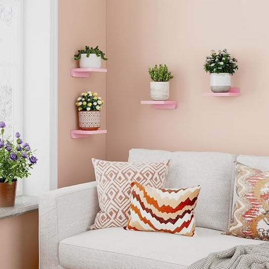 Fixwal Small Floating Shelves, 5x5 Inches Wall Shelf Set of 4, Rustic Wood Small Wall Mounted Shelves for Bedroom, Living Room, Kitchen, Bathroom Decor (Pink)