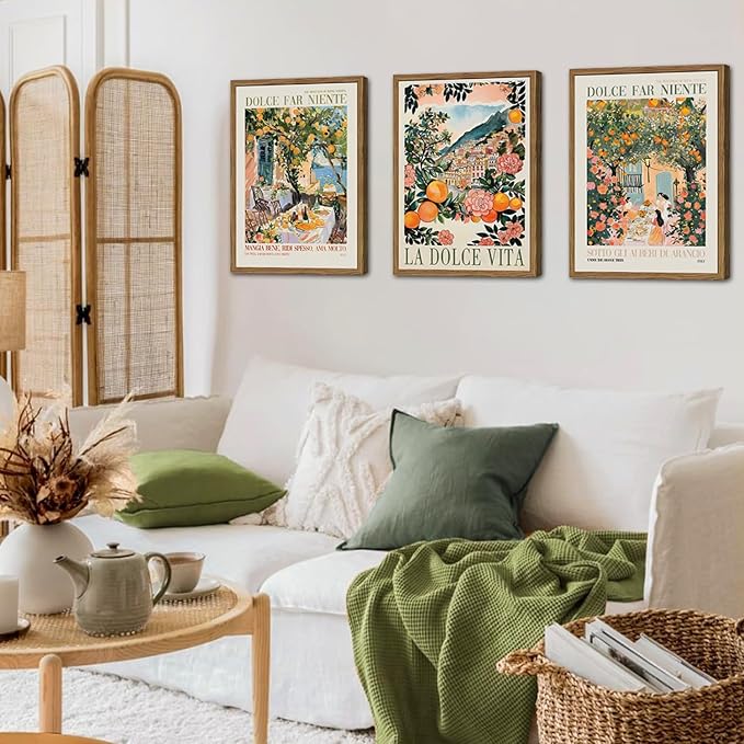 Italy Travel Wall Art Set of 3, Amalfi Coast Wall Decor, Trendy Italian Food Kitchen Poster Canvas Prints, Vintage City Landscape Artwork for Dining Room Living Room 12x16 inch Wood Framed
