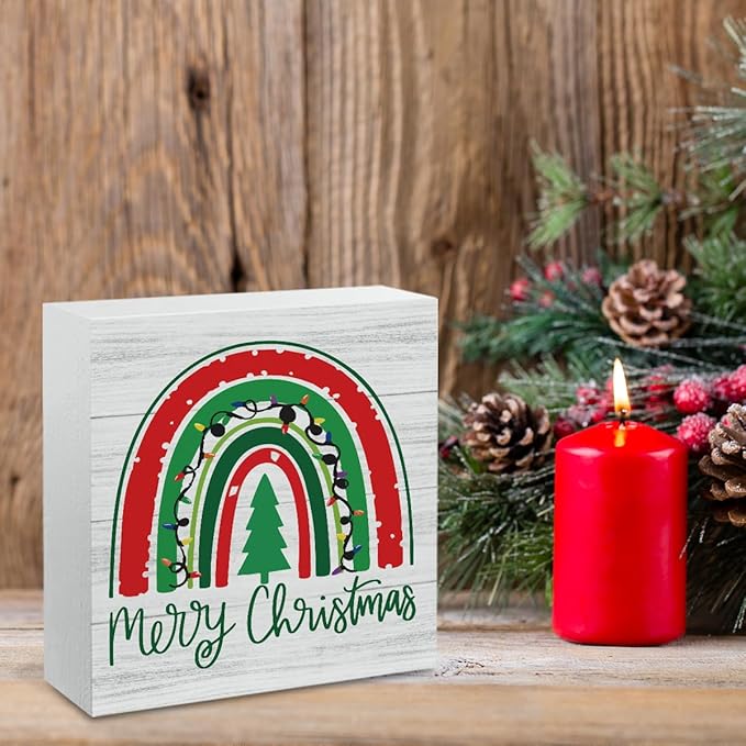 Merry Christmas Decor Christmas Teacher Sign Xmas Tree Rainbow Decor Decorations for Home Office Desk Table Cubicle Shelf Teachers Gift for Women Teacher 5 x 5 inch
