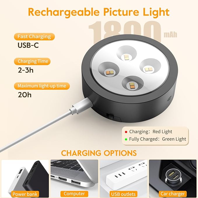 Brightown 3-Pack Picture Lights for Wall,Rechargeable Battery Operated Painting Light Magnetic Art Display Light with Remote, Puck Lights, Dimmable & Timer Art Lighting for Paintings Wireless,Black