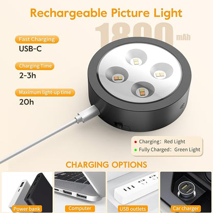 Brightown 3-Pack Picture Lights for Wall,Rechargeable Battery Operated Painting Light Magnetic Art Display Light with Remote, Puck Lights, Dimmable & Timer Art Lighting for Paintings Wireless,Black