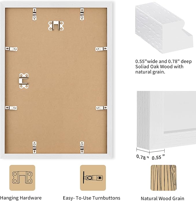 puthiac 16x24 Solid Oak Wood Picture Frame, No Mat, Wall Display Only, Vertical or Horizontal, Plexi Front, 3 Pack, White