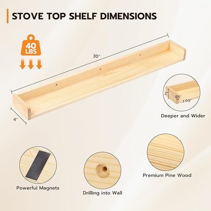 Fun Memories Stove Top Shelf, 30" Magnetic Shelf for Kitchen Stove, Pine Wood Stove Shelf, Wall Mounted Shelf for Home Storage Organization, Heat and Pressure Resistant, 1pcs, Natural