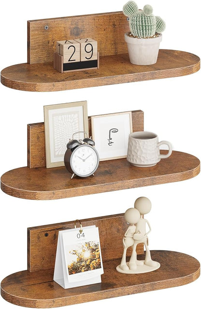 Wooden Floating Shelves for Wall, Floating Shelf for Bedroom Kitchen Decor, Wall Mounted Rustic Farmhouse Wood Shelf for Books, Plants, Set of 3(Rustic Brown, S (Round))
