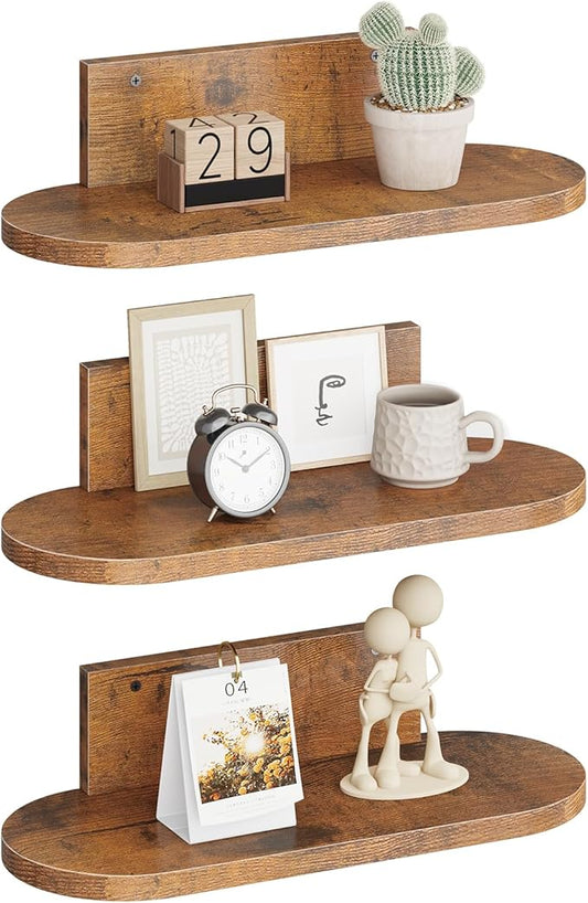 Wooden Floating Shelves for Wall, Floating Shelf for Bedroom Kitchen Decor, Wall Mounted Rustic Farmhouse Wood Shelf for Books, Plants, Set of 3(Rustic Brown, S (Round))
