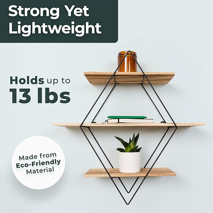 Greenco Geometric Diamond Shaped 3 Tier Mounted Floating Shelves, Rustic Wood Wall Storage Shelves for Bedroom, Living Room, Bathroom, Kitchen, Office, Natural Finish