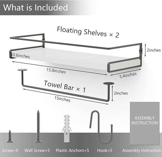 Wall Decor Floating Shelves, Home Decor with Towel Bar/Hooks, Wall Shelves for Bathroom/Living Room/Kitchen/Bedroom, (Black-White) Floating Bathroom Shelves