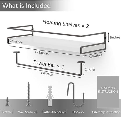 Wall Decor Floating Shelves, Home Decor with Towel Bar/Hooks, Wall Shelves for Bathroom/Living Room/Kitchen/Bedroom, (Black-White) Floating Bathroom Shelves