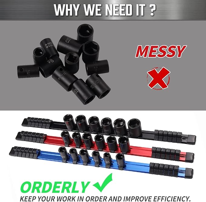 ALOANES 3/8-Inch Drive Aluminum Alloy Socket Organizer, Heavy Duty Socket Racks, Socket Holder Kit for Toolbox Drawer 3/8-Inch x 18 Clips (Black)