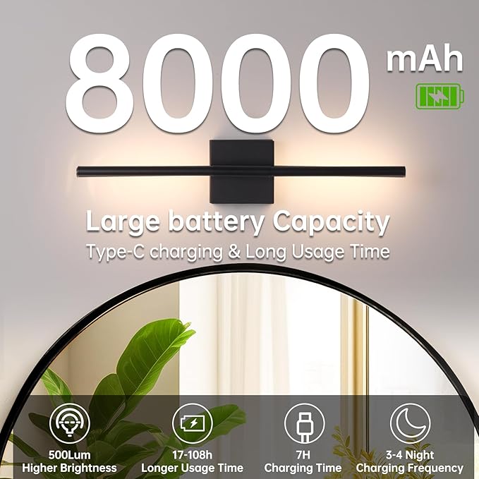 Battery Operated Wall Sconce Set of 2, 8000mAh Wireless Wall Sconces, 3000K-6000K Dimmable, 350°Rotate, Indoor Wall Lights with Remote for Bedroom Living Room Bathroom, Black, 23.6 Inch