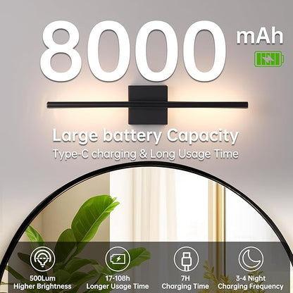 Battery Operated Wall Sconce Set of 2, 8000mAh Wireless Wall Sconces, 3000K-6000K Dimmable, 350°Rotate, Indoor Wall Lights with Remote for Bedroom Living Room Bathroom, Black, 23.6 Inch