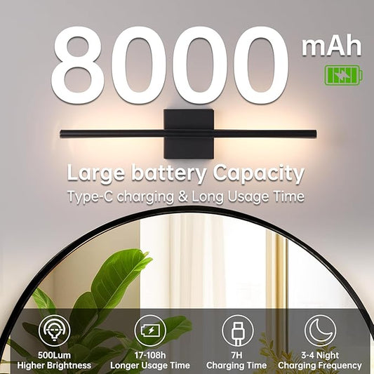 Battery Operated Wall Sconce Set of 2, 8000mAh Wireless Wall Sconces, 3000K-6000K Dimmable, 350°Rotate, Indoor Wall Lights with Remote for Bedroom Living Room Bathroom, Black, 23.6 Inch