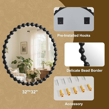 Round Mirror for Wall, 32 Inch Black Beaded Frame Decorative Vanity Mirror, Circle Bathroom Mirror with High-Definition Lense, Modern Wall Decor for Bathroom, Living Room, Bedroom, Entryway