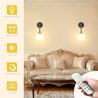 Battery Operated Wall Sconces Set of 2, Black Gold Rechargeable Wireless Wall Lights with Milky White Shade, 12 RGB and 3CCT Dimmable Wall Lamps with Remote for Bedroom Living Room Hallway