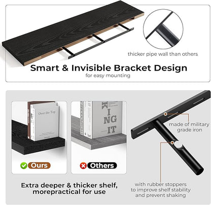 Fun Memories 55 Inch Floating Shelves for Wall, Fireplace Mantel Shelf with Invisible Heavy Duty Bracket, 8 Inch Deep Storage Shelf for Living Room, Kitchen, Farmhouse, Black (2-Pack)