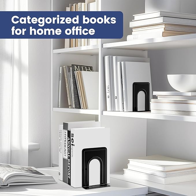 HappyHapi Book Ends, Non-Skid Metal Bookend Supports for Shelves, Heavy Duty Book End, Office Book Stopper, 6 x 5 x 6 Inches, 14 Pieces / 7 Pairs (Black)
