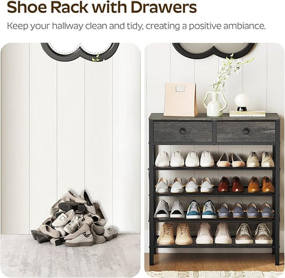 5 Tier Shoe Rack, Large Capacity Shoe Storage Organizer, Metal Shoe Shelf with Drawer and Wooden Top, for 20 Pairs of Shoes, for Entryway, Closet, Charcoal and Black SS25BCY1