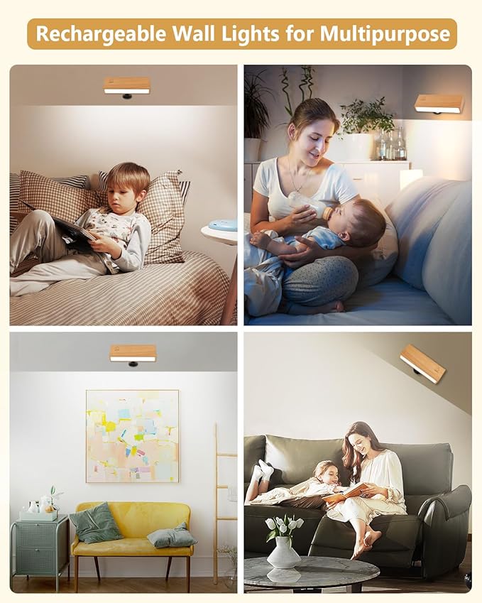 Wall Sconces Set of Two - LED Wall Lamps Lights for Bedroom, Rechargeable Battery Operated Wall Sconce with Stepless Dimming, 360 Rotation, Indoor Wireless Sconces Wall Decor Set of 2 for Living Room