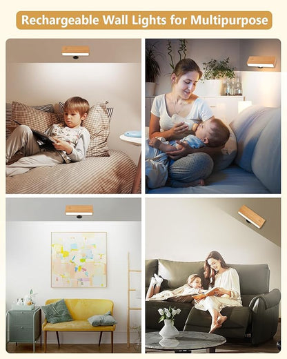 Wall Sconces Set of Two - LED Wall Lamps Lights for Bedroom, Rechargeable Battery Operated Wall Sconce with Stepless Dimming, 360 Rotation, Indoor Wireless Sconces Wall Decor Set of 2 for Living Room
