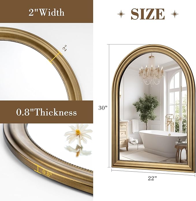 Axeman 22x30 Arched Wall Mirror, Decorative Bathroom Mirror, Traditional Vintage Wall Mounted Mirror with Beaded Frame for Accent Living Room Vanity Bedroom Entryway, Gold