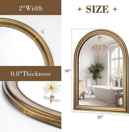 Axeman 22x30 Arched Wall Mirror, Decorative Bathroom Mirror, Traditional Vintage Wall Mounted Mirror with Beaded Frame for Accent Living Room Vanity Bedroom Entryway, Gold