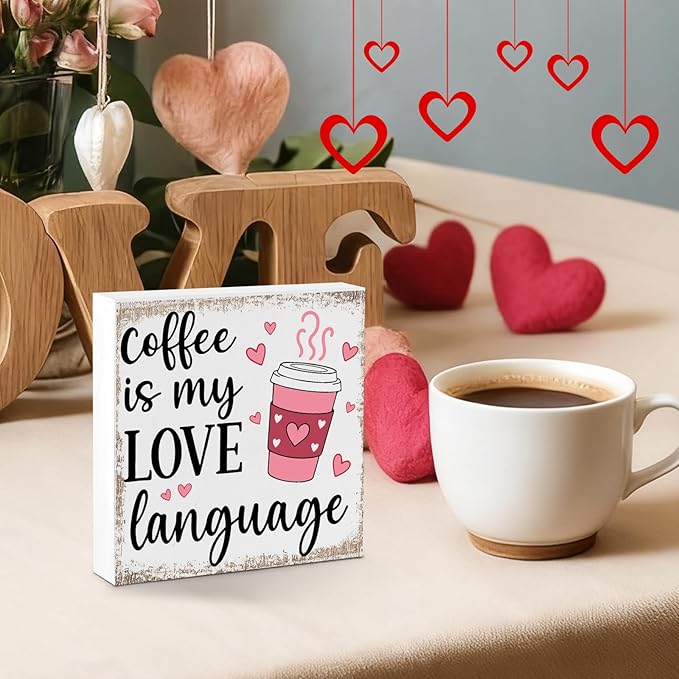 Coffee Bar Decor Sign, Coffee Station Decorations, Coffee Lover Gifts for Women Men, Home Kitchen Shop Corner Shelf Cafecito Table Signs, Love Language
