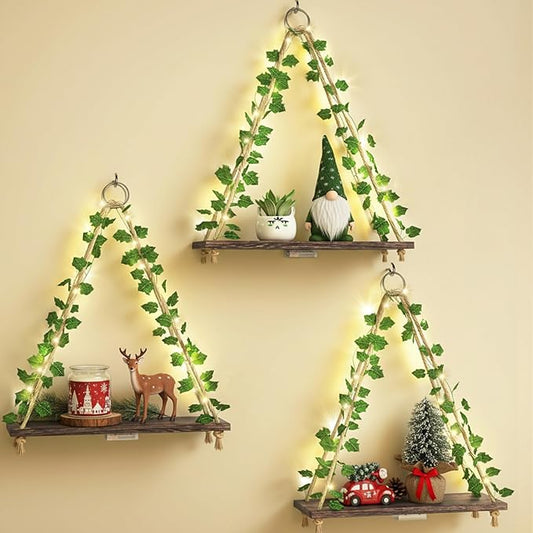 Fixwal Artificial Ivy LED-Strip Floating Shelves Set of 3, Macrame Hanging Shelves Plant Wall Decor, Rustic Boho Wood Wall Storage Shelves for Bedroom, Living Room, Bathroom Decor (Dark Brown)