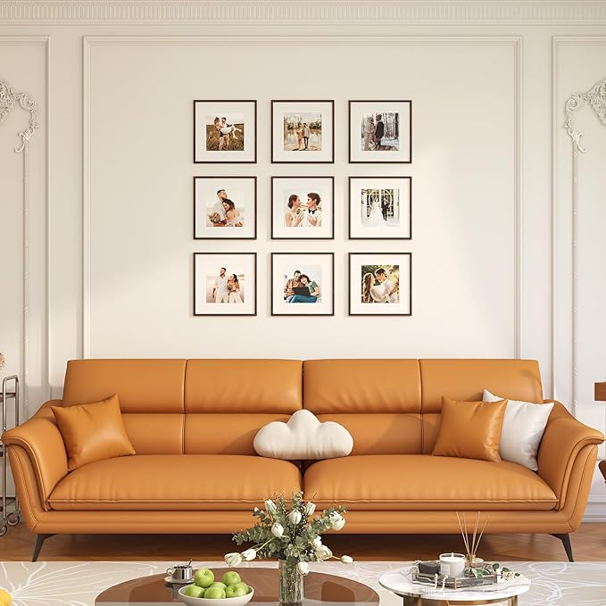 8x8 Picture Frame Set of 9, Display Pictures 4x4 with Mat or 8x8 without Mat, Multi Collage Gallery Square Photo Frames for Wall or Tabletop, Brown
