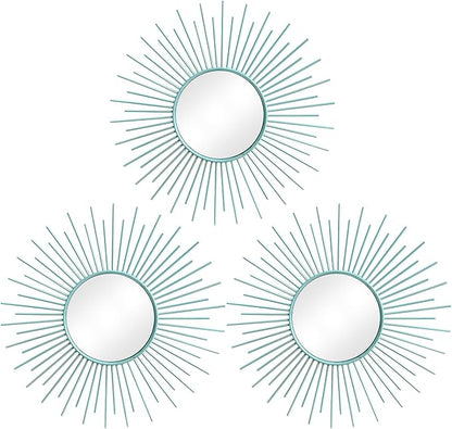 3 Pack Metal Mirrors for Wall Sunburst Wall Mirrors Home Décor Decorative Hanging Wall Art for Living Room Bedroom Entryway (Blue, Sunburst)