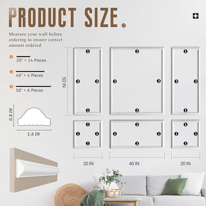 Peel and Stick Wall Molding Kit, Accent Wall Panels for Interior Wall Decor with Double-Sided Tape, 3 Set Pre-Cut PS Wainscoting Panels (50 * 40 in)