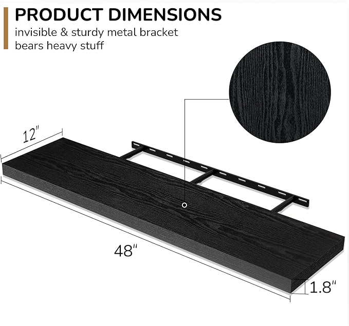 Fun Memories Floating Shelves - 12 Inch Rustic Wooden Wall Shelves - Extra Deeper & Thicker Wall Mounted Storage Shelf for Living Room, Kitchen, Farmhouse - 48